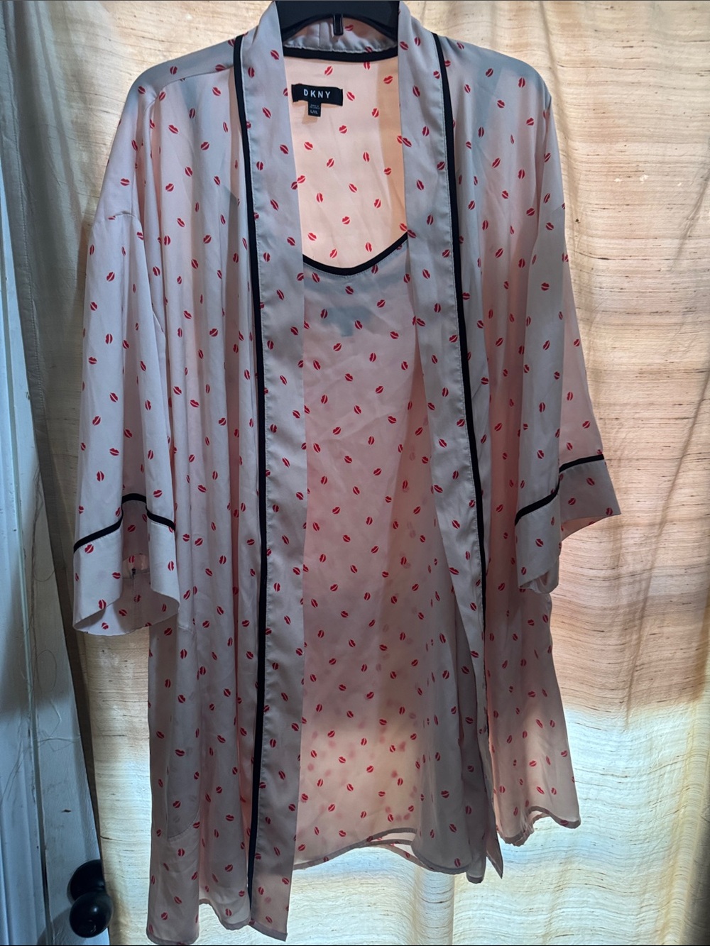 DKNY Pink Satin Robe and Chemise with Red Lip Motif